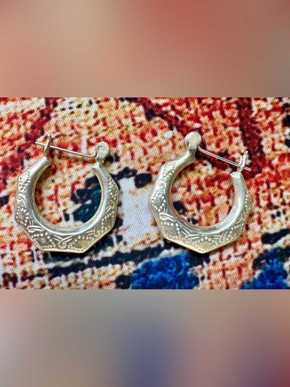 Vintage etched Sterling Silver Octagonal Hoops - Silver Earrings